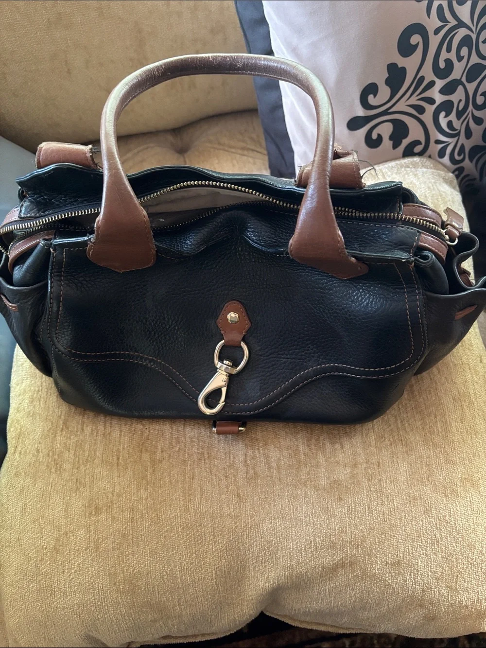 Cole Haan Black and Brown Leather Satchel with Metal Hardware